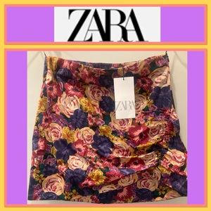 NWT Zara Floral Ruched Poplin Side-Zip Mini Skirt